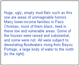 Text Box: Huge, ugly, empty mud flats such as this one are areas of unimaginable horrors. Many lower-income families in Pass Christian, most of them black, lived in these low and vulnerable areas. Some of the houses were raised and substantial, and some were not. All were subject to devastating floodwaters rising from Bayou Portage, a large body of water to the north (to the right).
